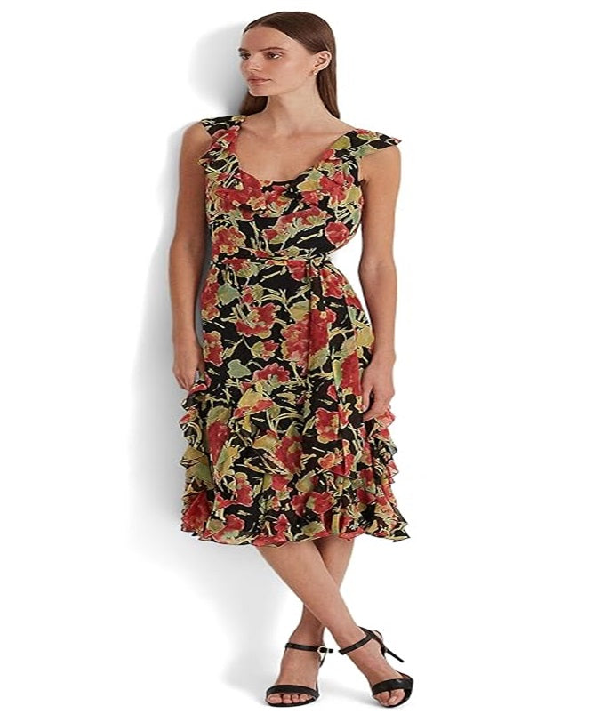Ralph Lauren Women's Floral Crinkle Georgette Dress Black Size 12 Petite