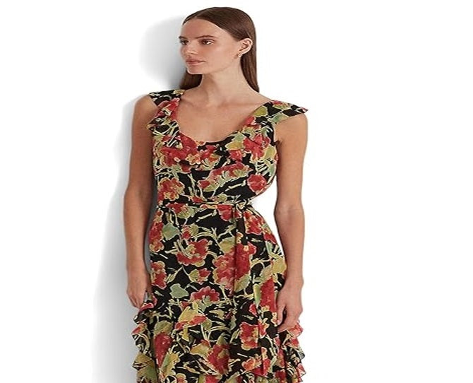Ralph Lauren Women's Floral Crinkle Georgette Dress Black Size 12 Petite