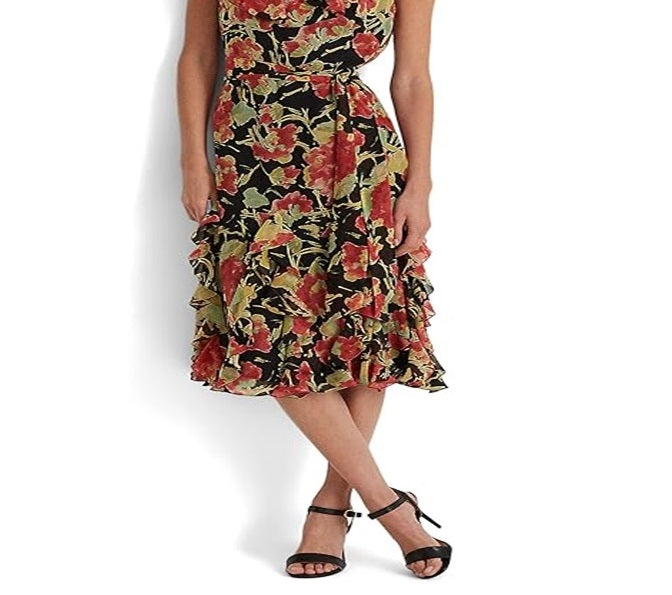 Ralph Lauren Women's Floral Crinkle Georgette Dress Black Size 12 Petite