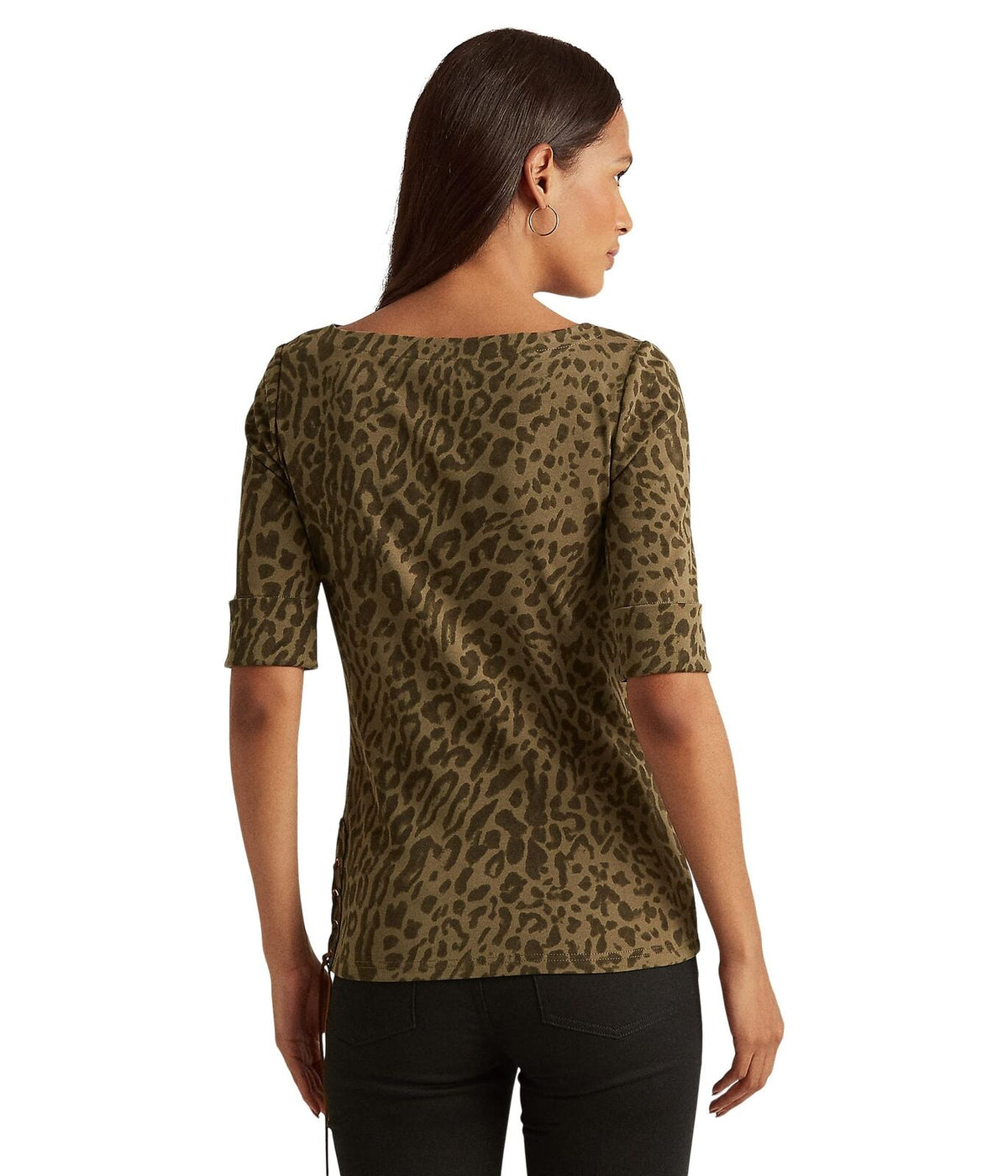 Ralph Lauren Women's Ocelot Print Stretch Cotton Boatneck Top Green Size Small