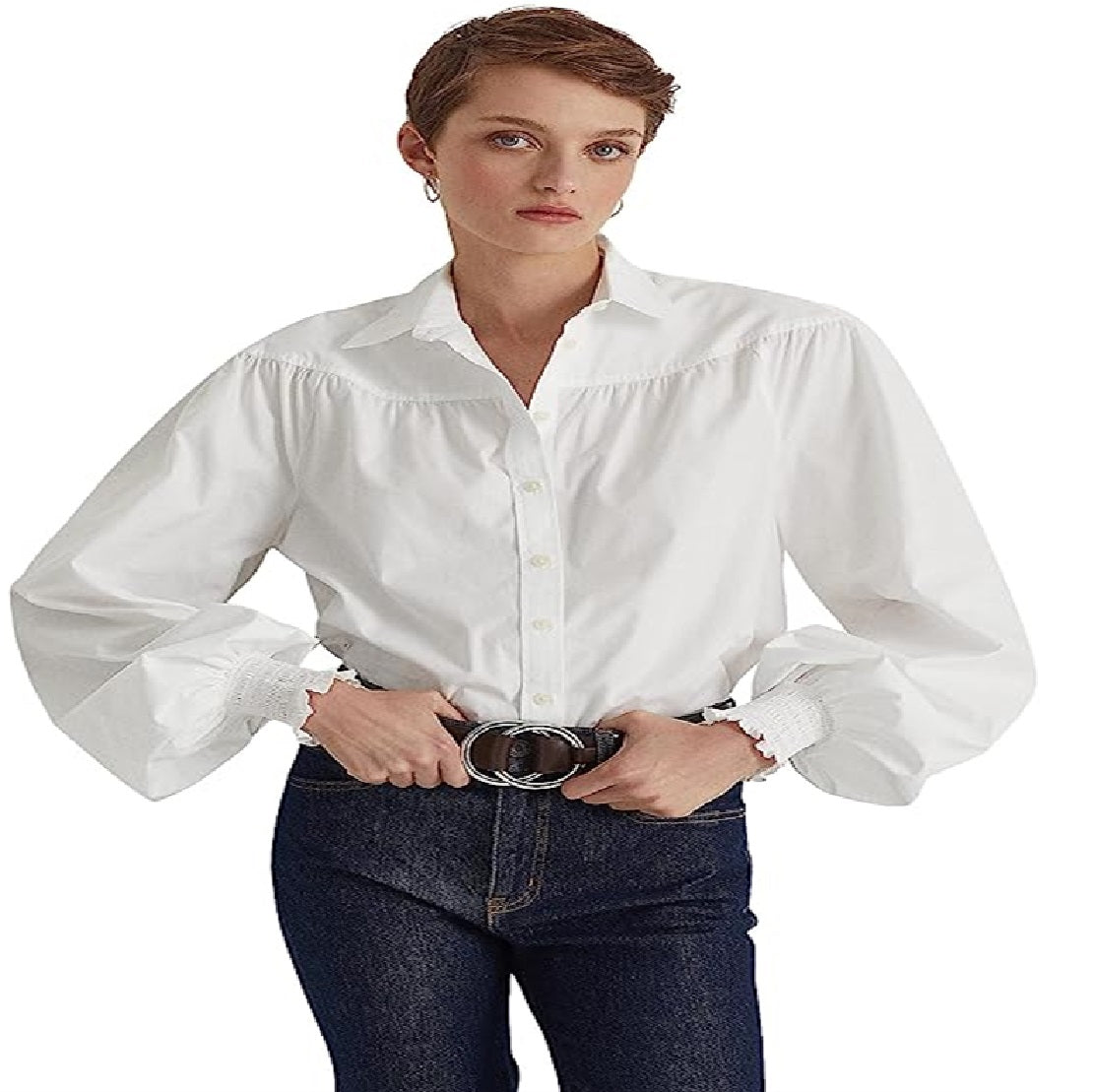 Ralph Lauren Women's Cotton Blouson Sleeve Broadcloth Shirt White Size X-Large