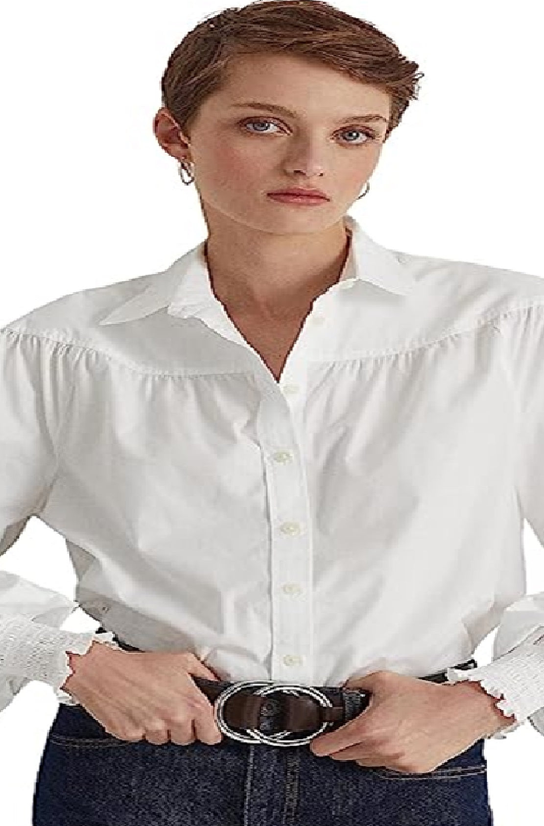 Ralph Lauren Women's Cotton Blouson Sleeve Broadcloth Shirt White Size X-Large