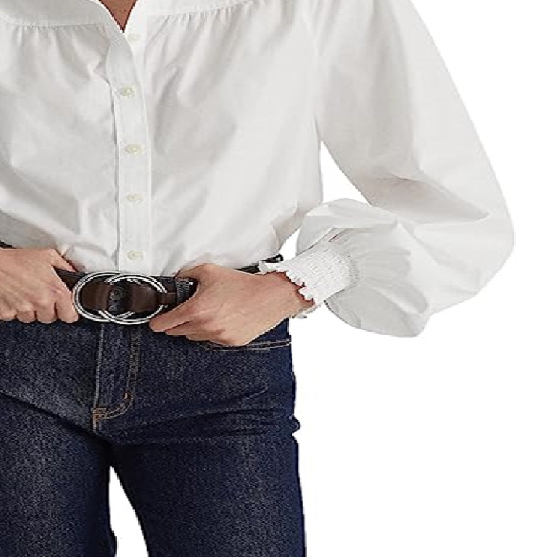 Ralph Lauren Women's Cotton Blouson Sleeve Broadcloth Shirt White Size X-Large