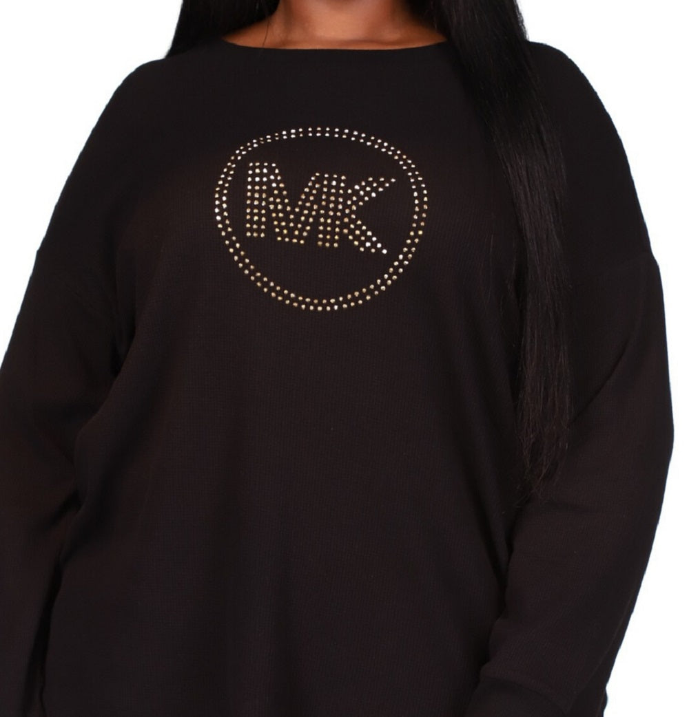 Michael Kors Women's Rhinestone Logo Waffle Knit T-Shirt Black