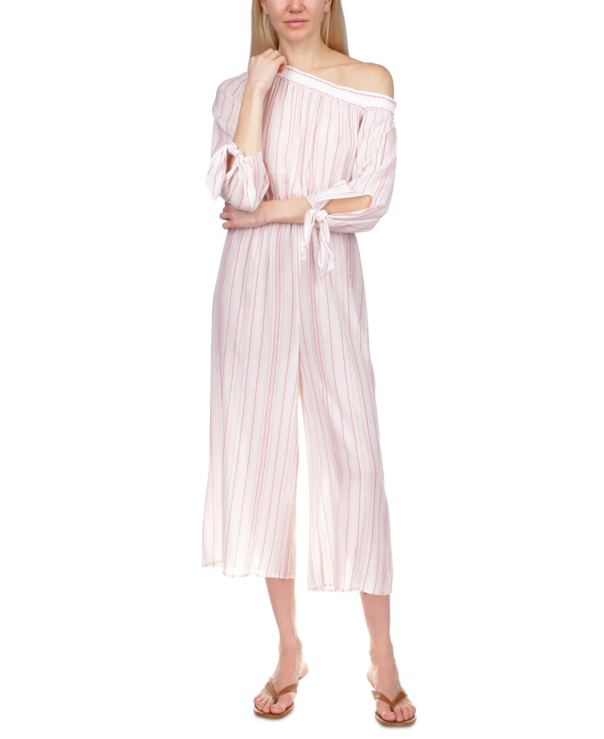 Michael Kors Women's Metallic Striped One Shoulder Jumpsuit Pink Size Small