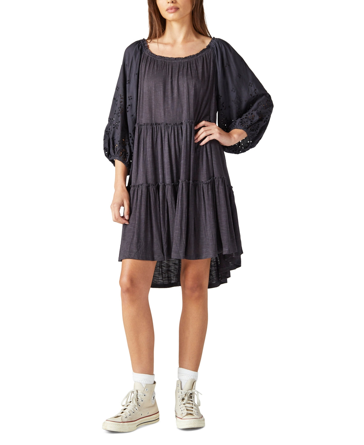 Lucky Brand Women's Tiered Bracelet Sleeve Tunic Dress Black Size Medium