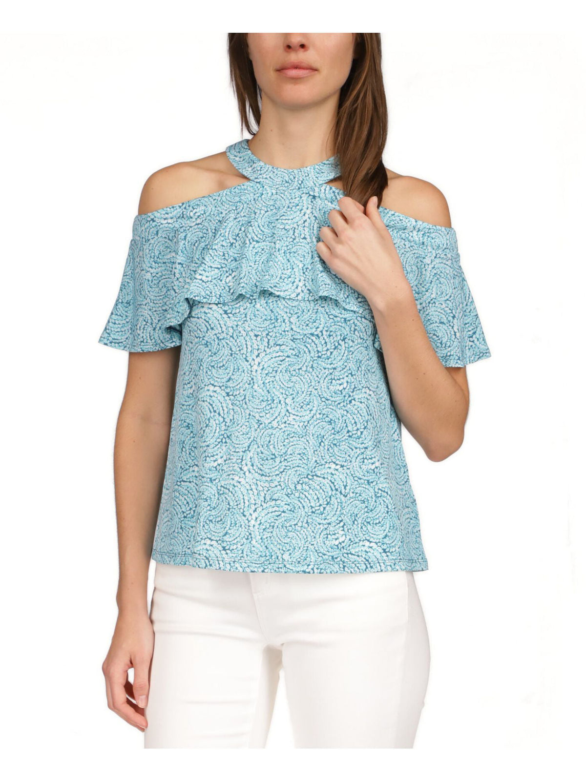 Michael Kors Women's Zippered Cold Shoulder Ruffled Unlined Short Sleeve Halter Top Blue Size Small