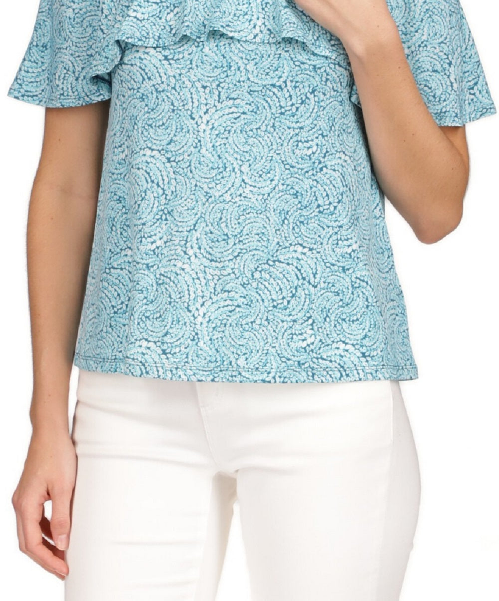 Michael Kors Women's Shibori Printed Flounce Cold Shoulder Top Blue Size X-Large
