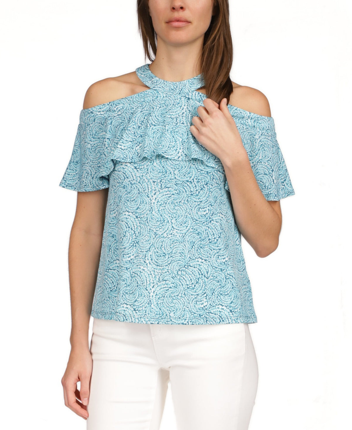 Michael Kors Women's Shibori Printed Flounce Cold Shoulder Top Blue Size X-Large