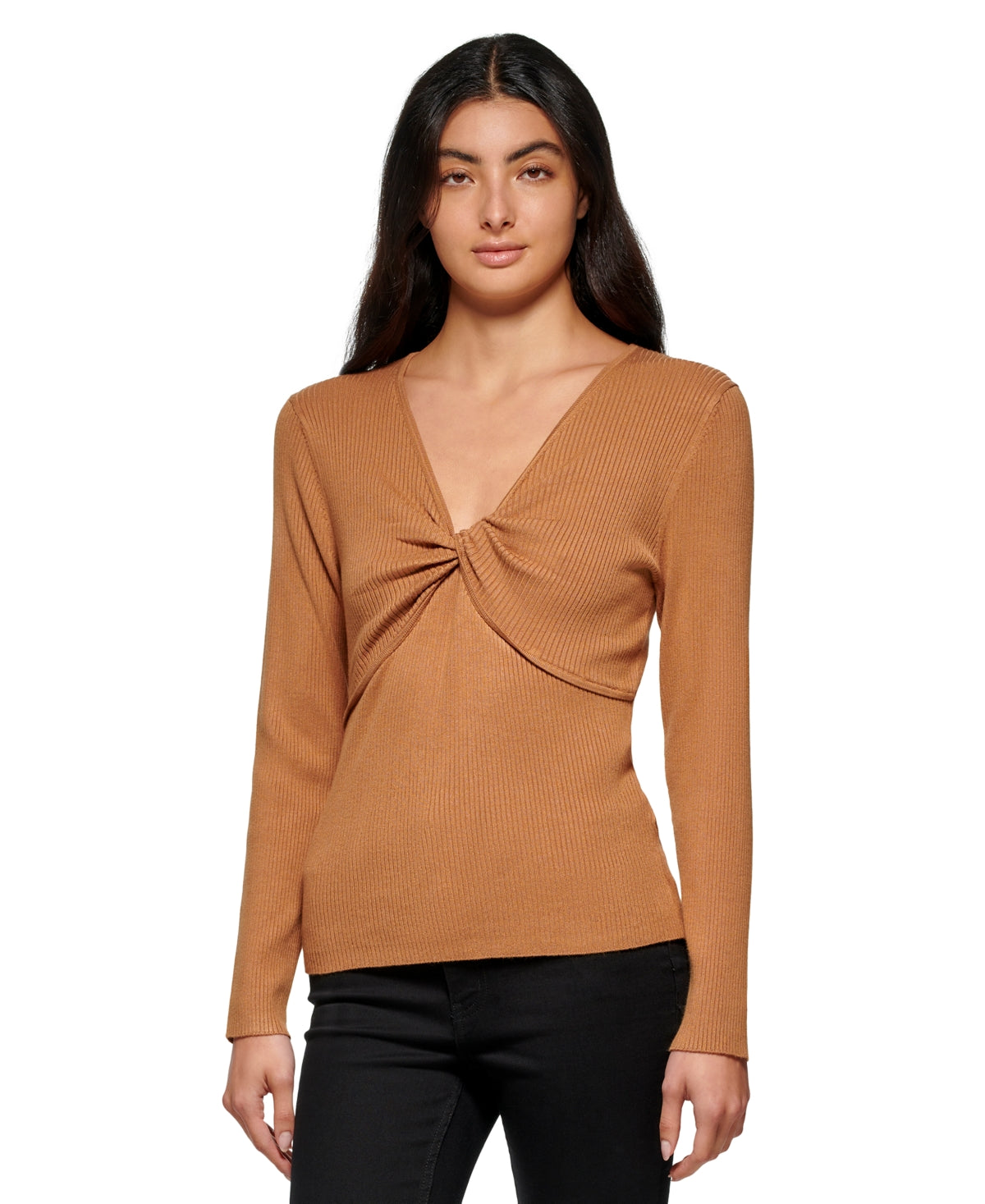 Calvin Klein Women's Twist Front Ribbed Sweater Brown Size Small