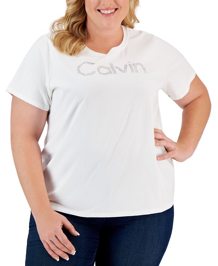 Calvin Klein Womens Embellished Logo Short Sleeve Tee White Size TBD