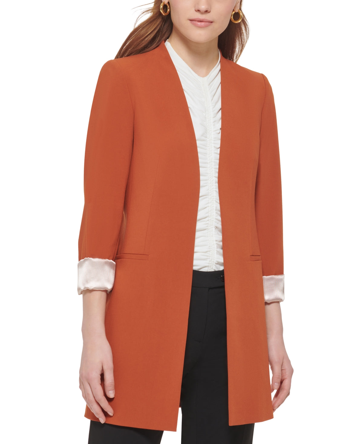 Calvin Klein Women's Open Front 3/4 Sleeve Blazer Brown Size 12Petite