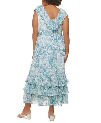 Calvin Klein Women's Chiffon Ruffle V Neck Tiered Maxi Dress Green Size 16W