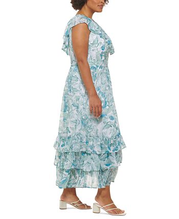 Calvin Klein Women's Chiffon Ruffle V Neck Tiered Maxi Dress Green Size 16W