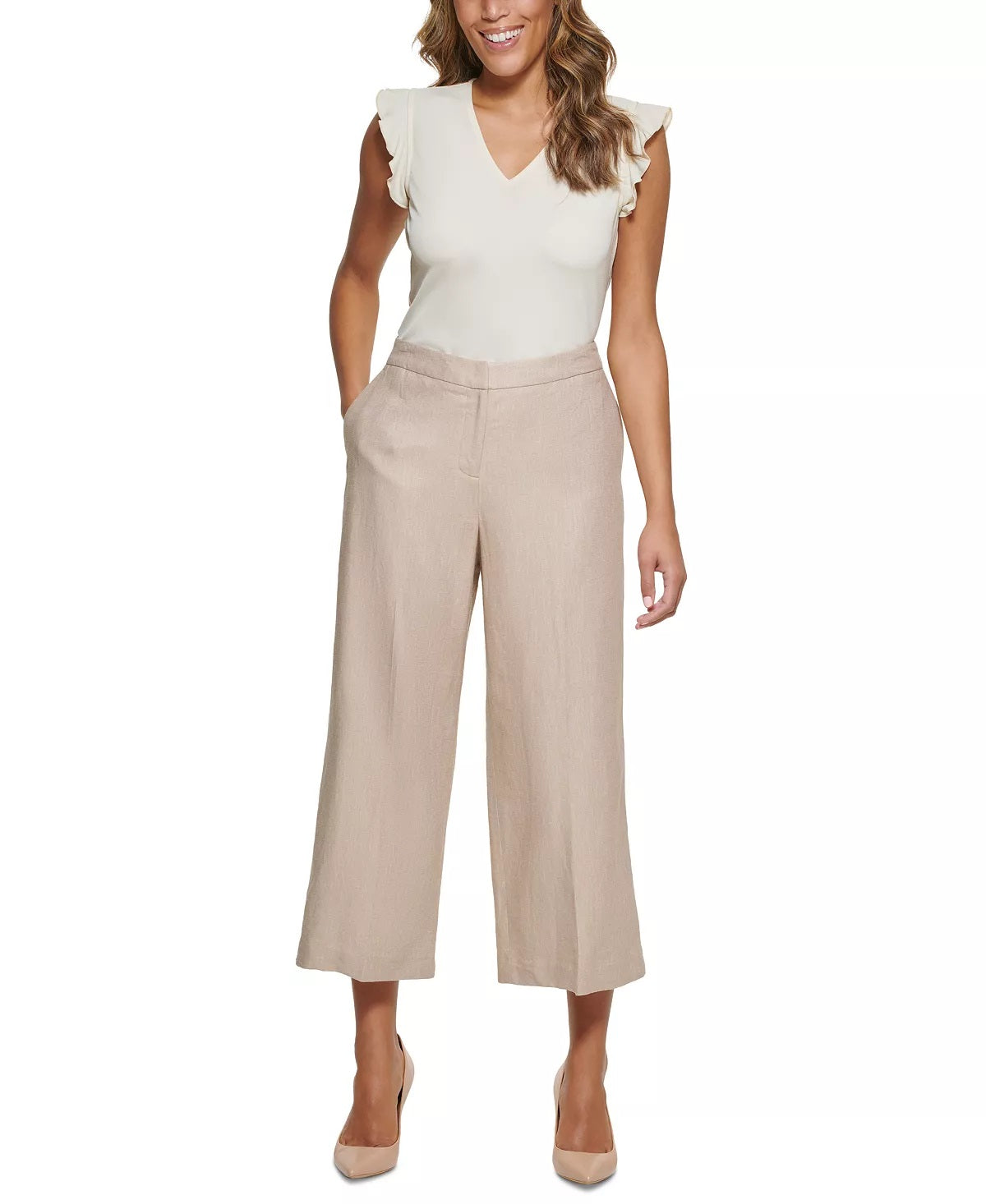 Calvin Klein Women's Plus Linen Cropped Wide-Leg Pants Beige Size 14W