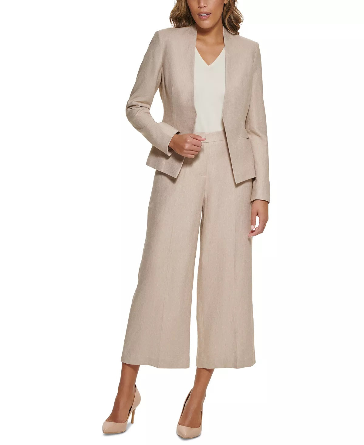 Calvin Klein Women's Plus Linen Cropped Wide-Leg Pants Beige Size 14W
