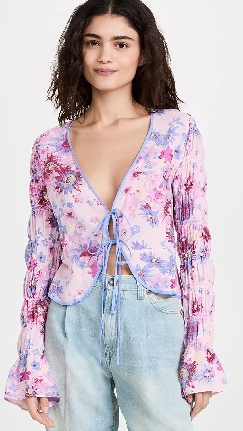 Free People Women's Venice Floral Tie Front Top Purple Size X-Small