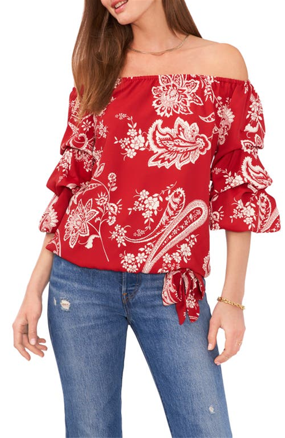 Vince Camuto Women's Paisley Off the Shoulder Blouse Red Size X-Large