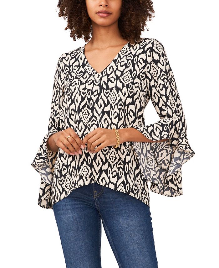 Vince Camuto Women's Flutter Sleeve V Neck Etched Geo Blouse Black Size Medium