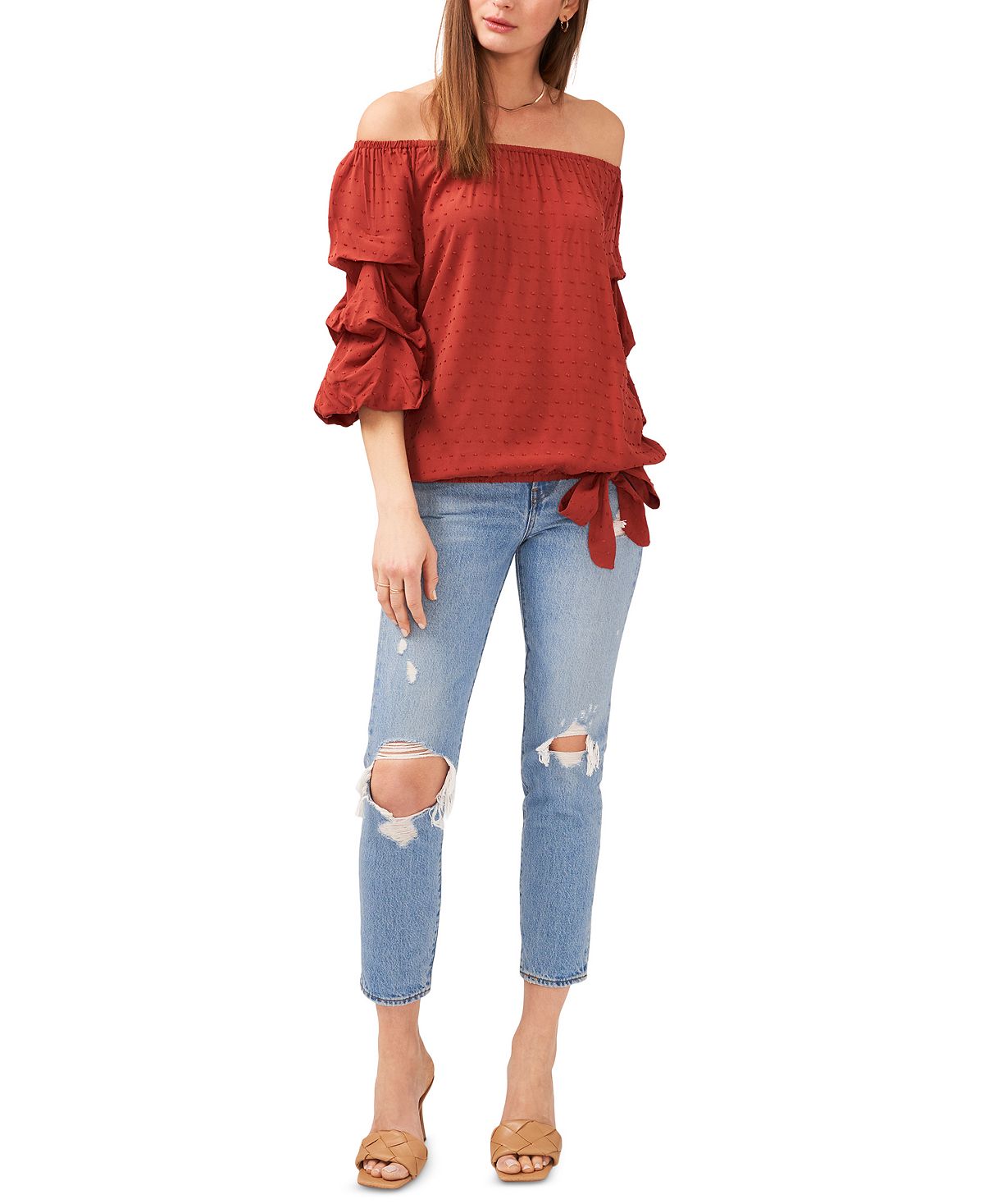Vince Camuto Women's Clip Dot Bubble Sleeve Blouse Red