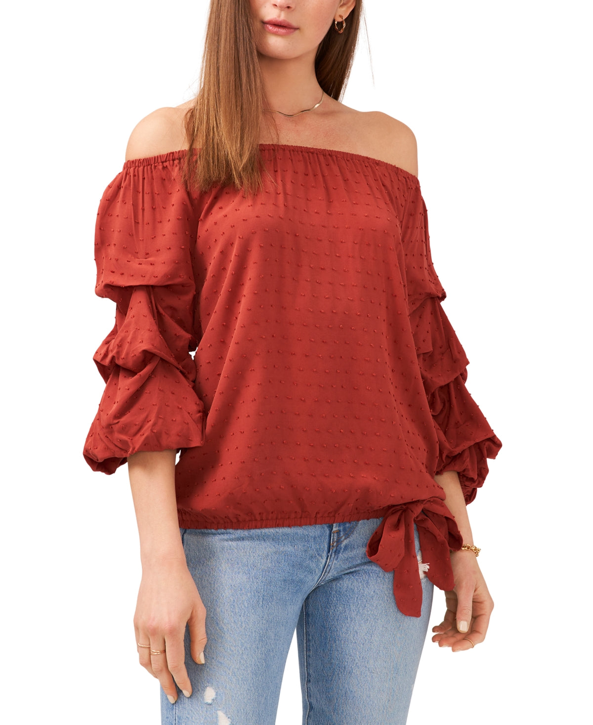 Vince Camuto Women's Clip Dot Bubble Sleeve Blouse Red