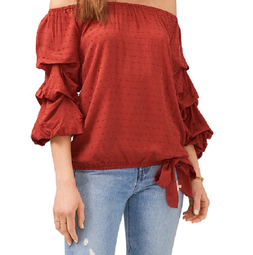 Vince Camuto Women's Clip Dot Bubble Sleeve Blouse Red