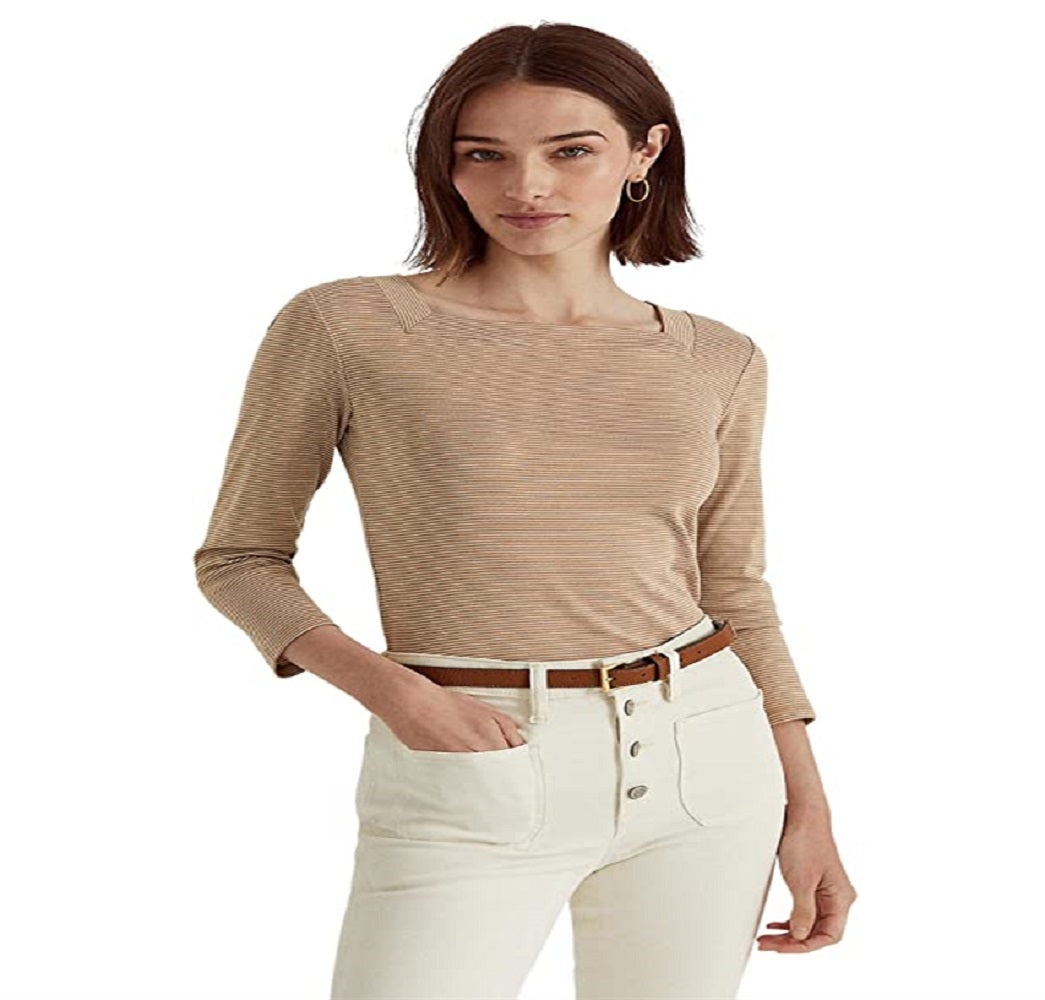 Ralph Lauren Women's Striped Stretch Cotton Top Brown Size Medium