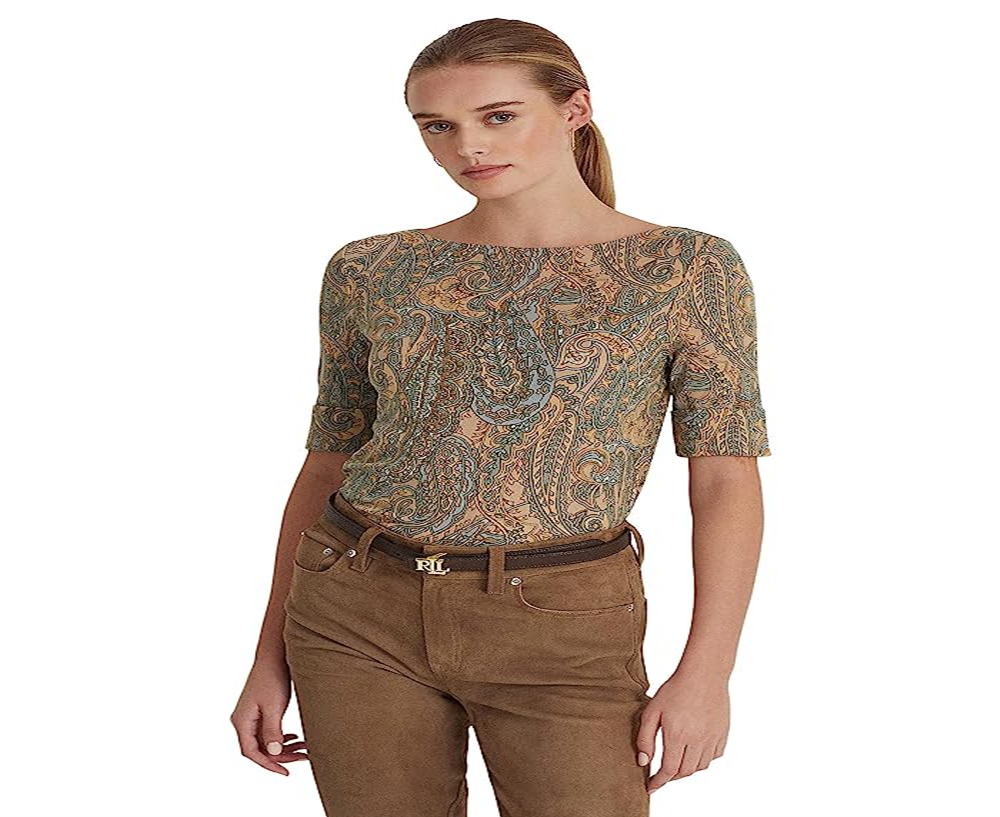 Ralph Lauren Women's Paisley Stretch Cotton Boatneck Tee Green Size Large
