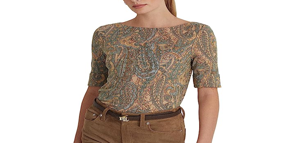 Ralph Lauren Women's Paisley Stretch Cotton Boatneck Tee Green Size Large