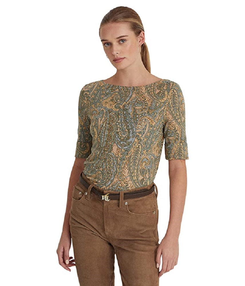Ralph Lauren Women's Paisley Stretch Cotton Boatneck Tee Green Size Medium