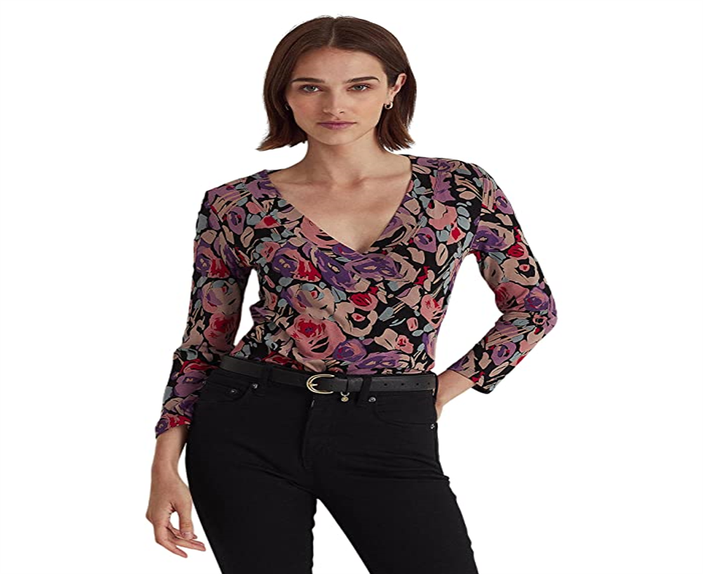 Ralph Lauren Women's Floral Surplice Jersey Top Black Size X-Large