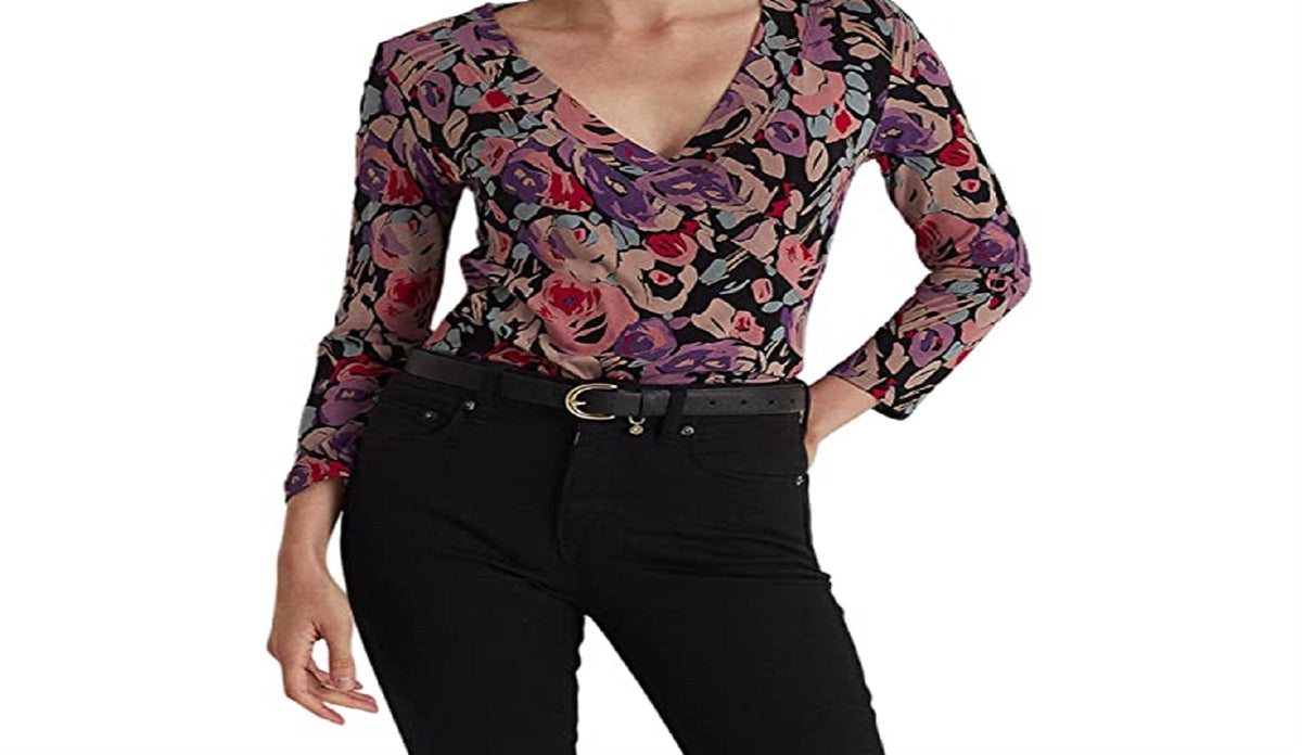 Ralph Lauren Women's Floral Surplice Jersey Top Black Size X-Large