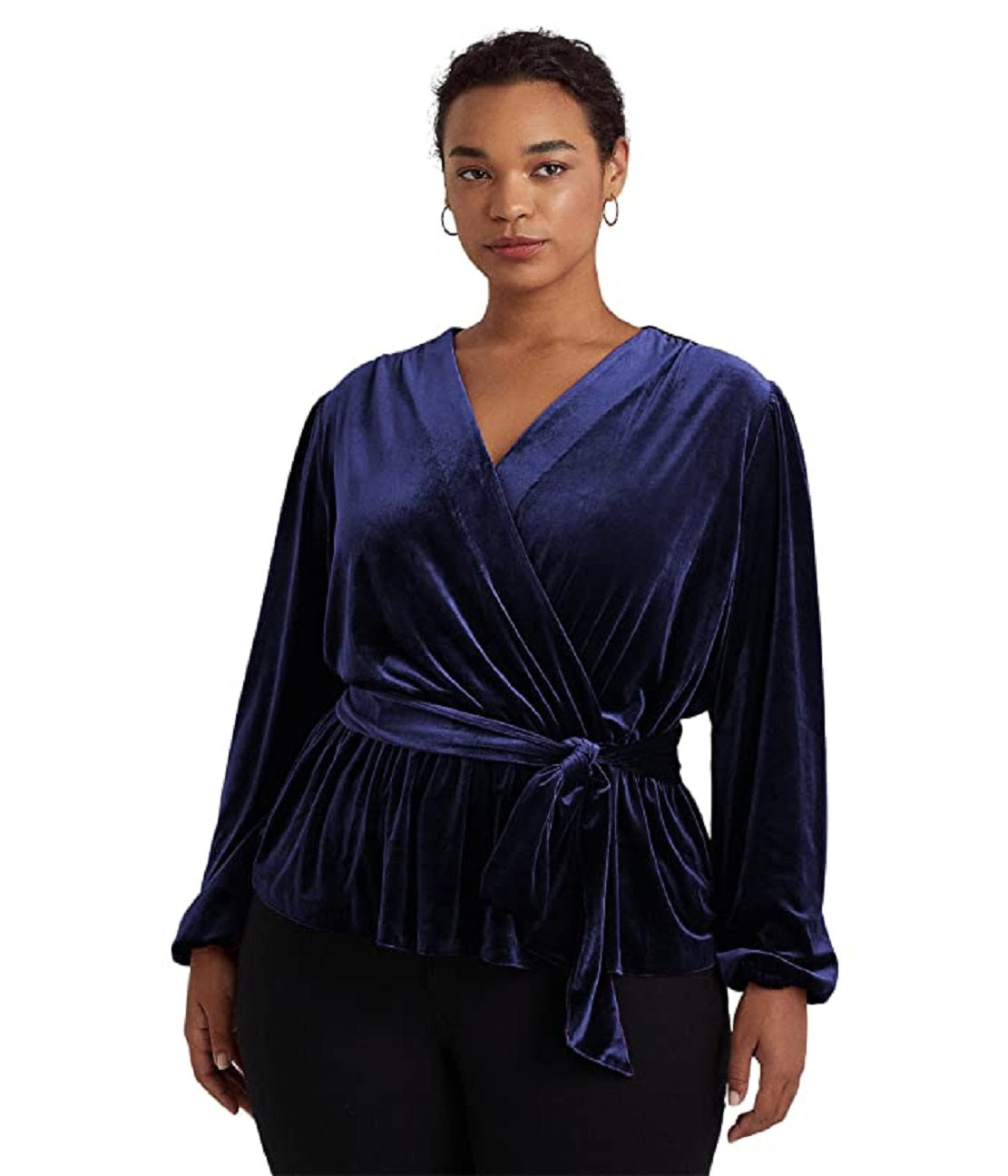 Ralph Lauren Women's Belted Velvet Peplum Surplice Top Blue Size 2X