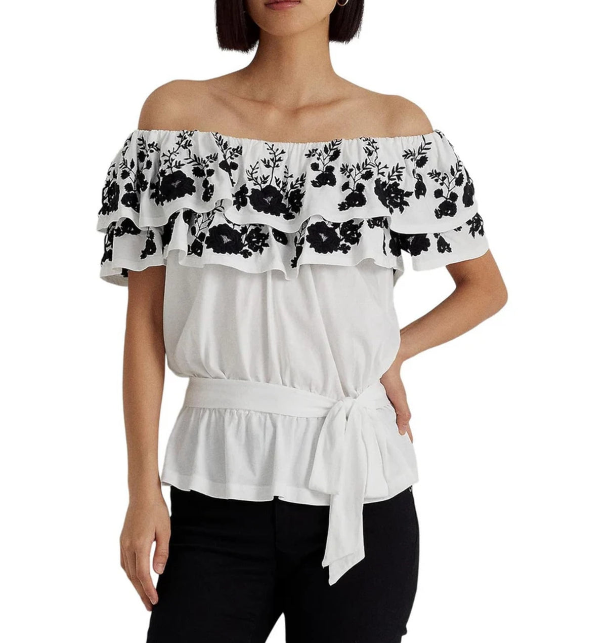 Ralph Lauren Women's Embroidered Jersey Off The Shoulder Top White