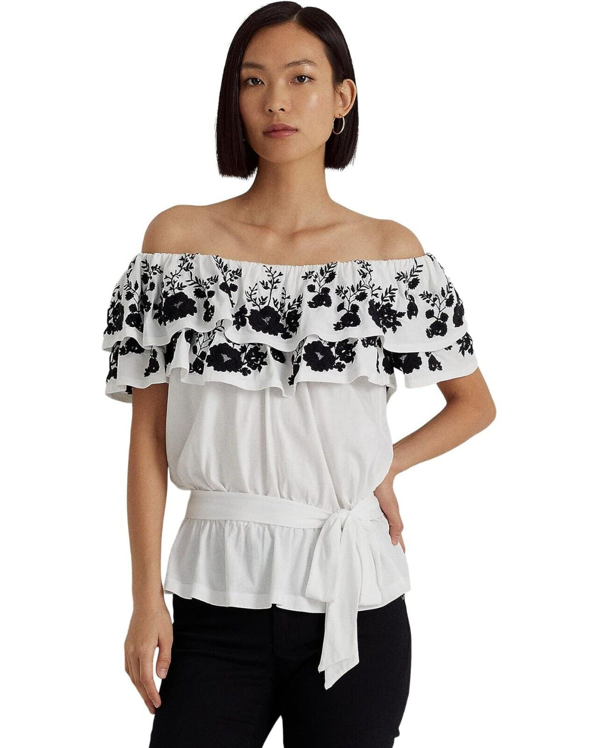 Ralph Lauren Women's Embroidered Jersey Off The Shoulder Top White