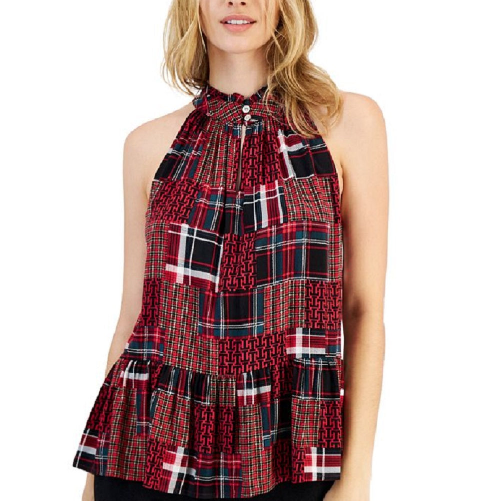 Tommy Hilfiger Women's High Neck Plaid Peplum Hem Top Red Size X-Large