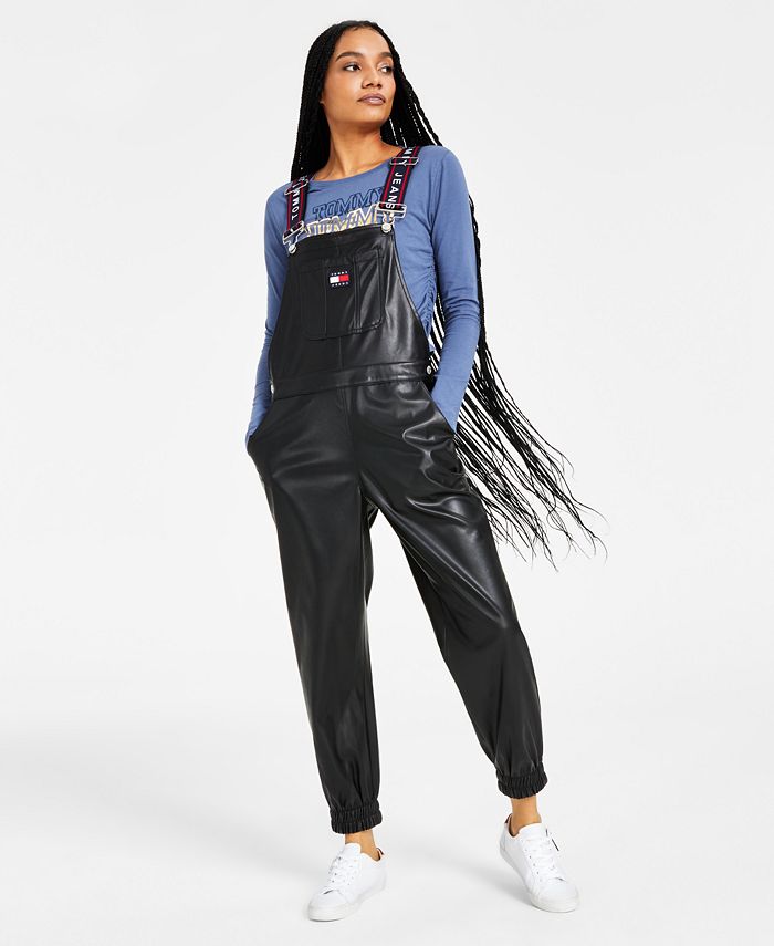 Tommy Jeans Women's Faux Leather Overalls Black Size 25