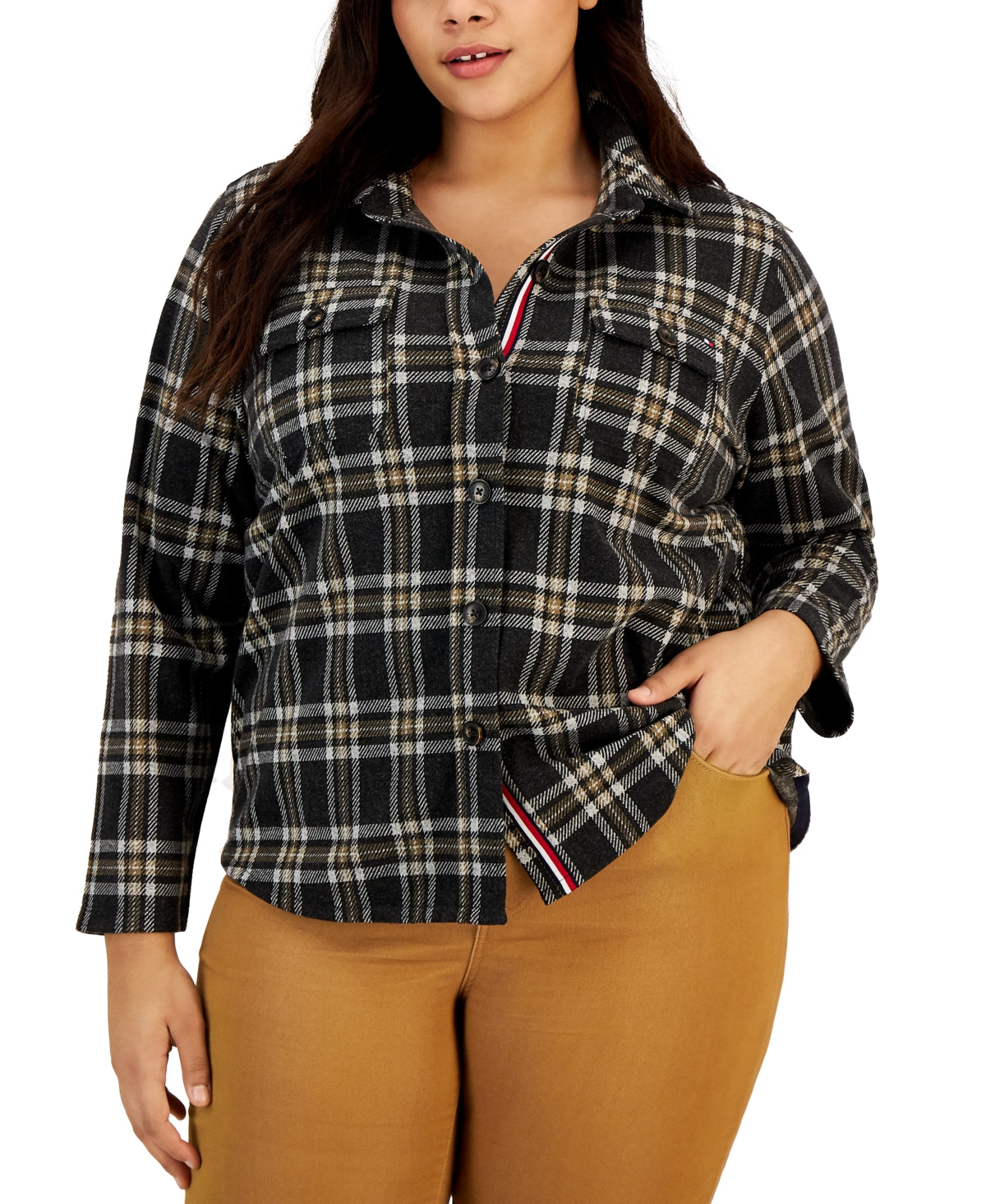 Tommy Hilfiger Women's Plaid Shacket Black Size 1X