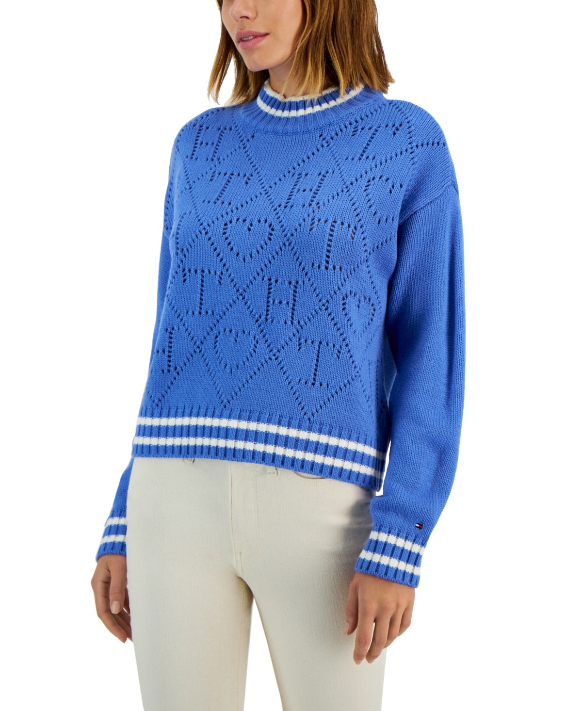 Tommy Hilfiger Women's Argyle Logo Mock Neck Sweater Blue Size X-Large