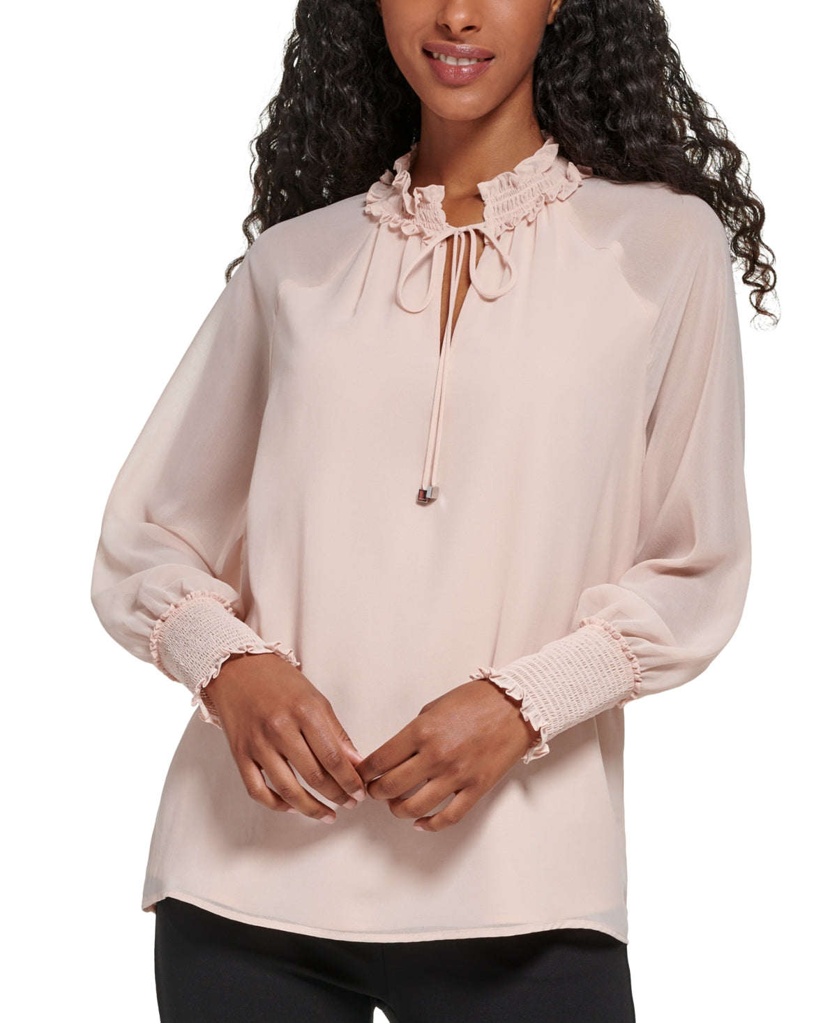 Calvin Klein Women's Tie Front Chiffon Peasant Blouse Pink Size Large