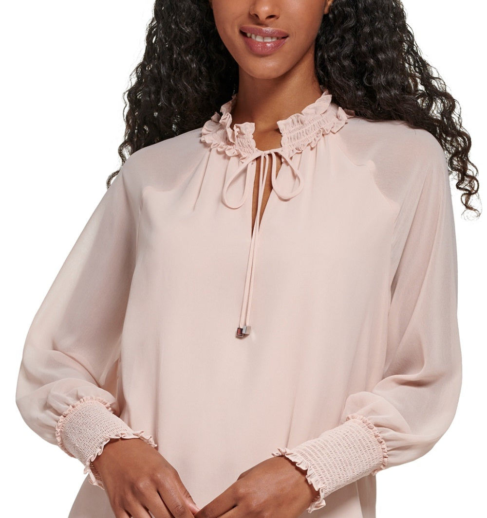 Calvin Klein Women's Tie Front Chiffon Peasant Blouse Pink Size Large