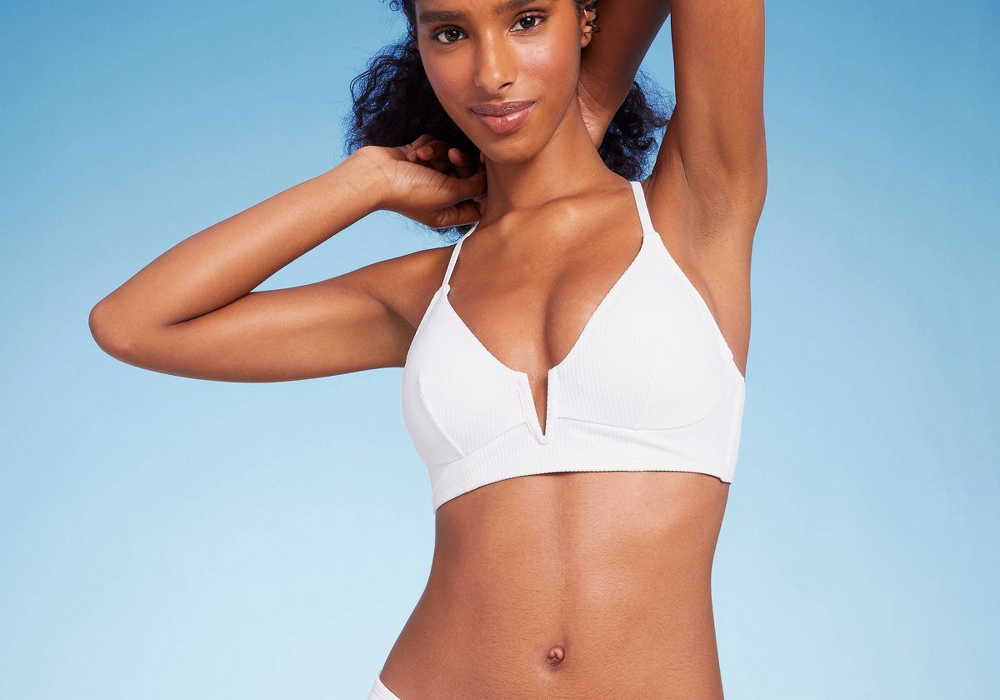 Shade & Shore Women's Ribbed Longline V-Wire Bikini Top White 34D