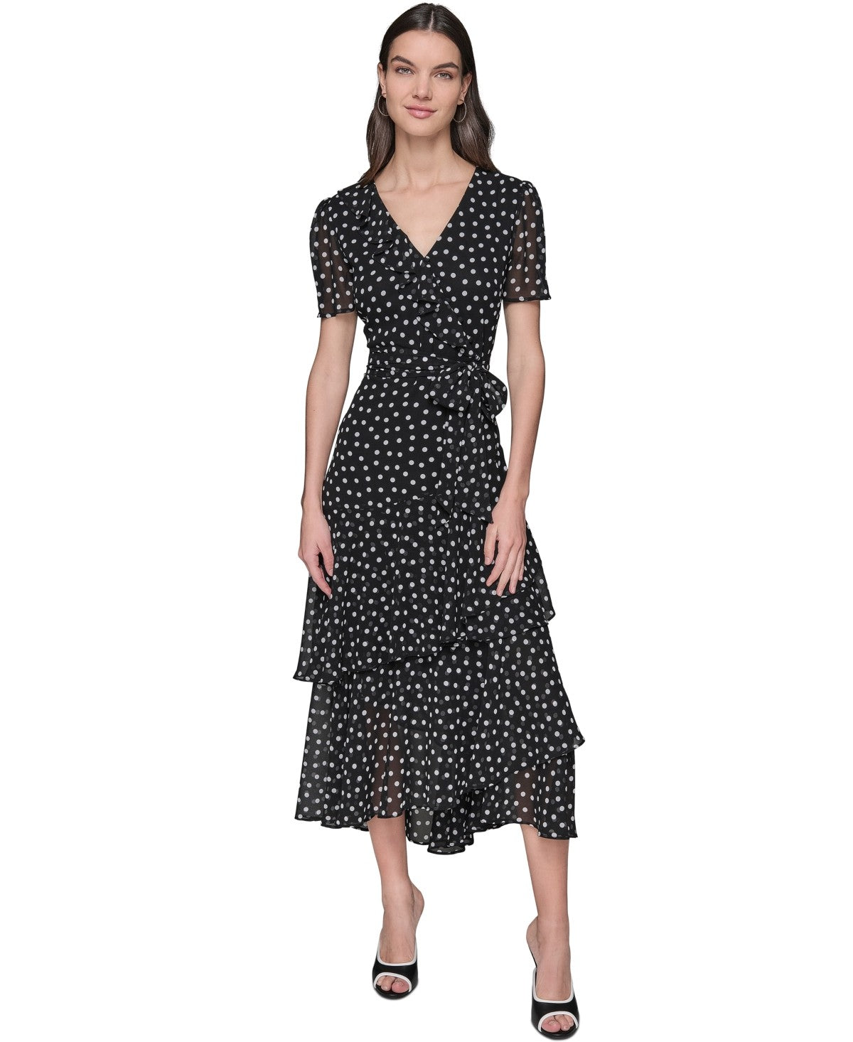 Karl Lagerfeld Paris Womens Petite Chiffon Polka Dot Dress Black and Soft White