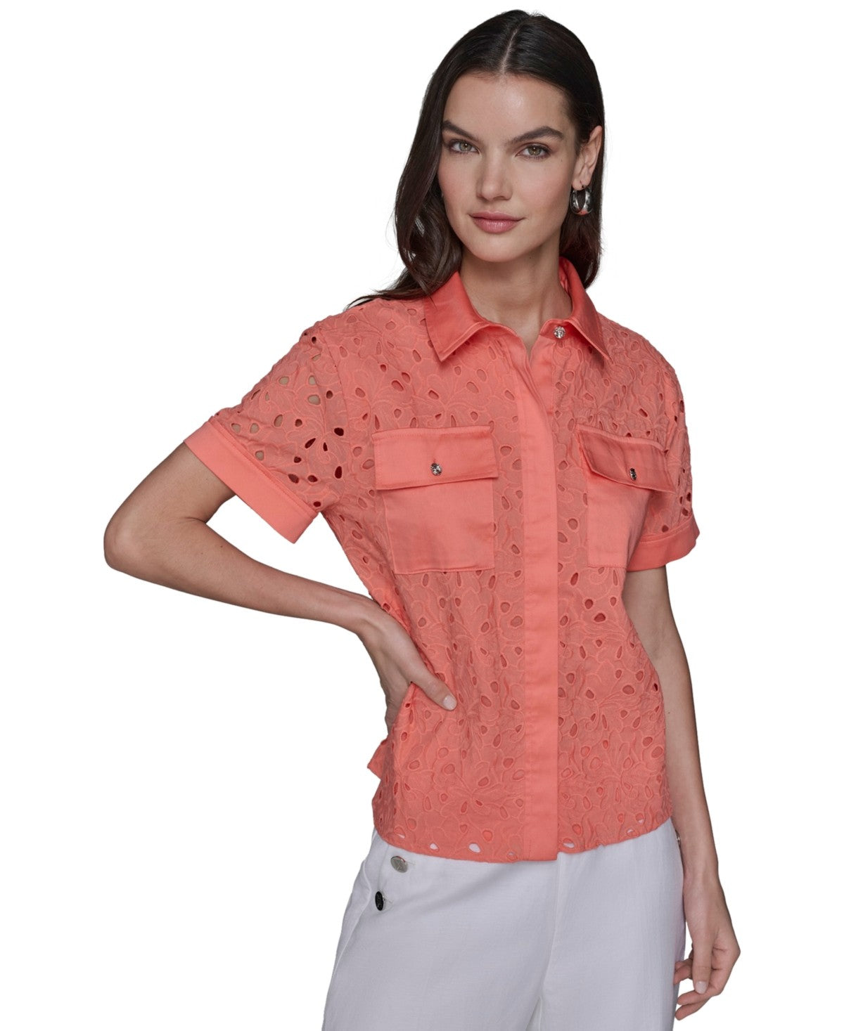 Karl Lagerfeld Paris Womens Coral Eyelet Cotton Shirt