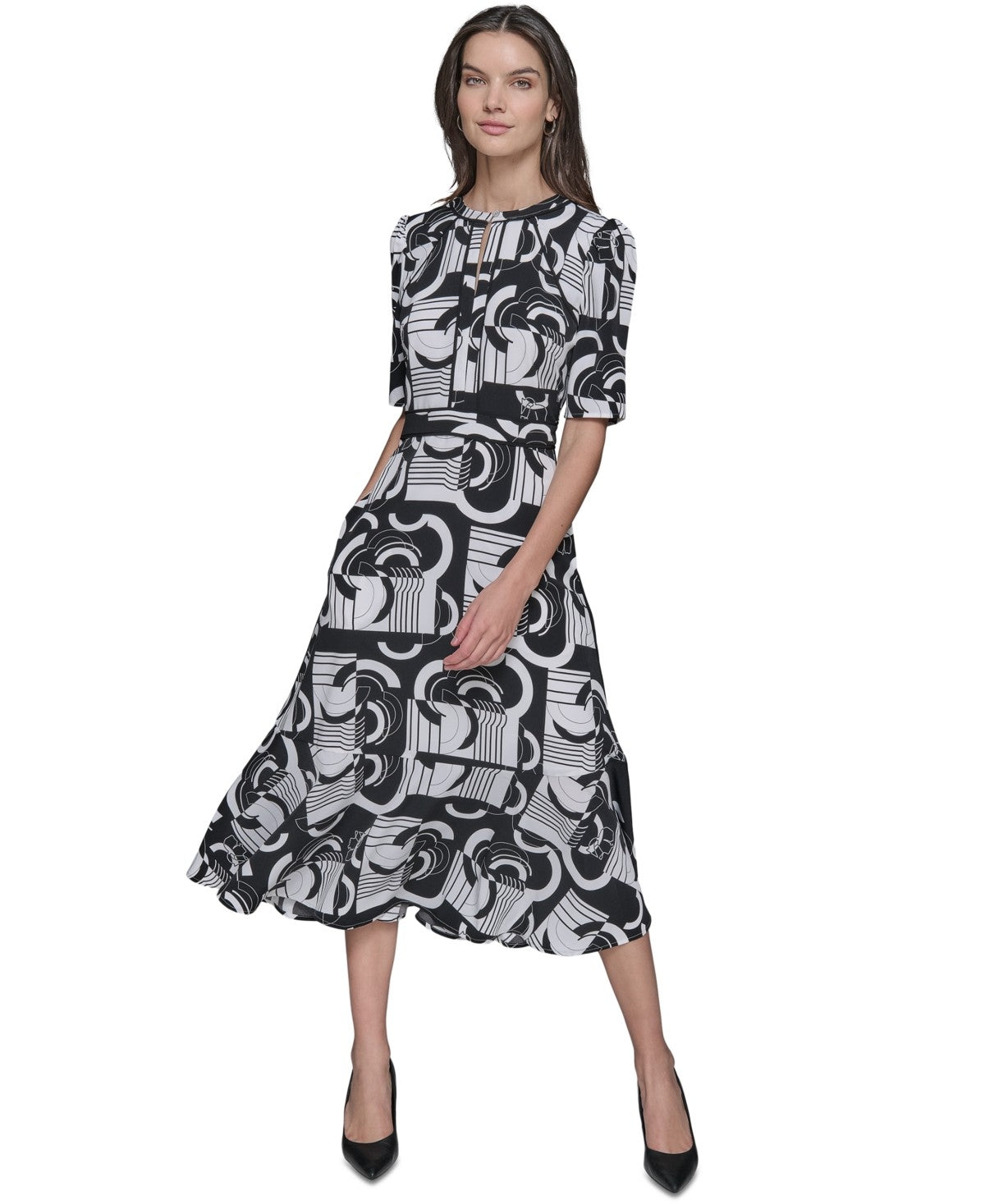 Karl Lagerfeld Paris Womens Printed Keyhole Midi Dress Soft White Black