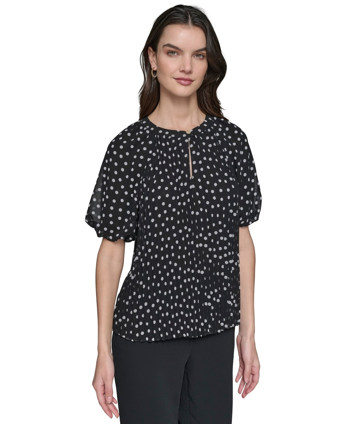 Karl Lagerfeld Paris Womens Printed Chiffon Pleated Top Black White