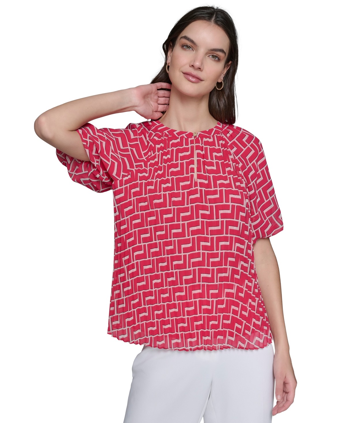 Karl Lagerfeld Paris Womens Printed Chiffon Pleated Blouse Teaberry
