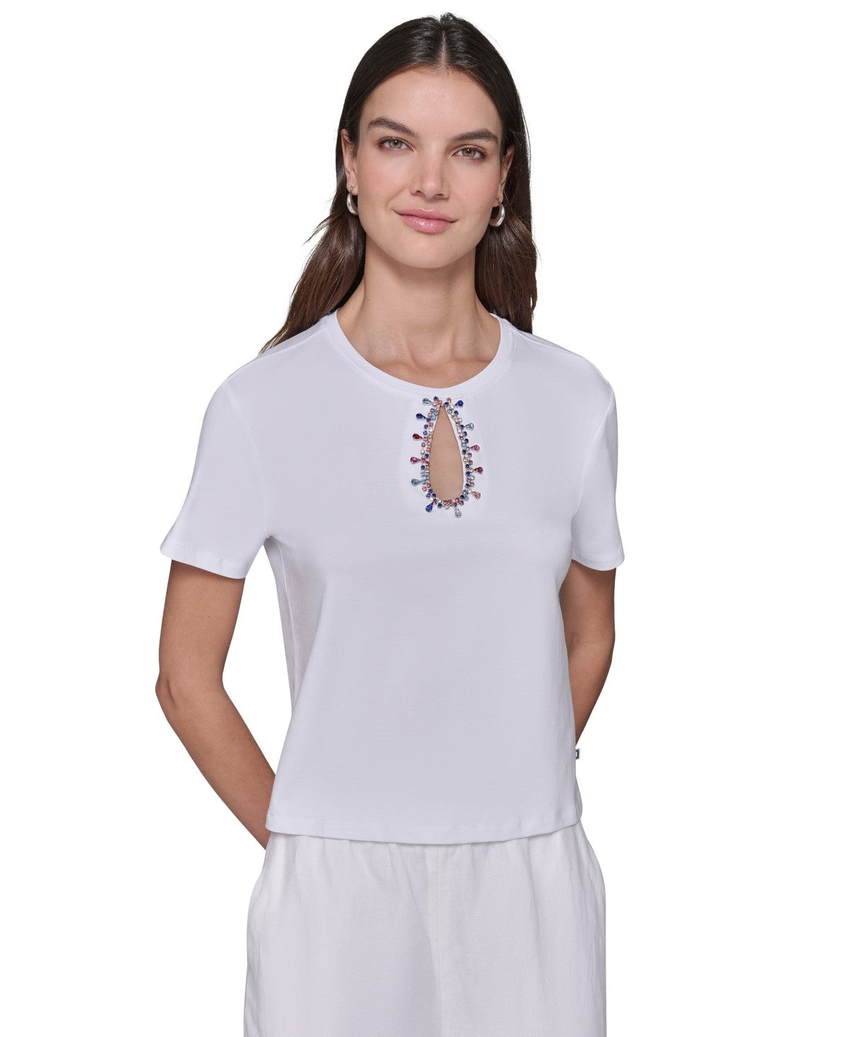 Karl Lagerfeld Paris Womens Cutout Embellished Tee White