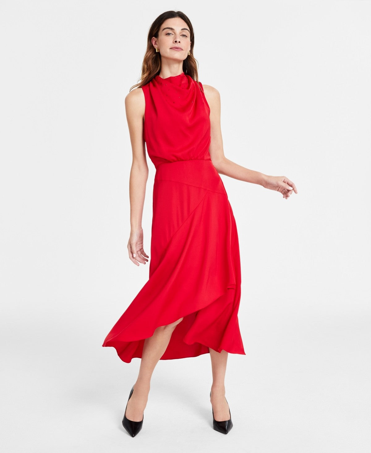 Karl Lagerfeld Paris Womens Satin Embellished Mock Neck Dress Admrl Rd