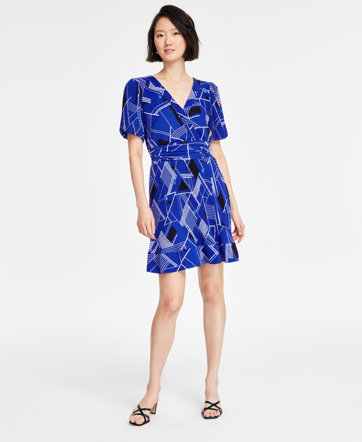 Karl Lagerfeld Paris Womens V Neck Ruched Waist Dress Electric Indigo